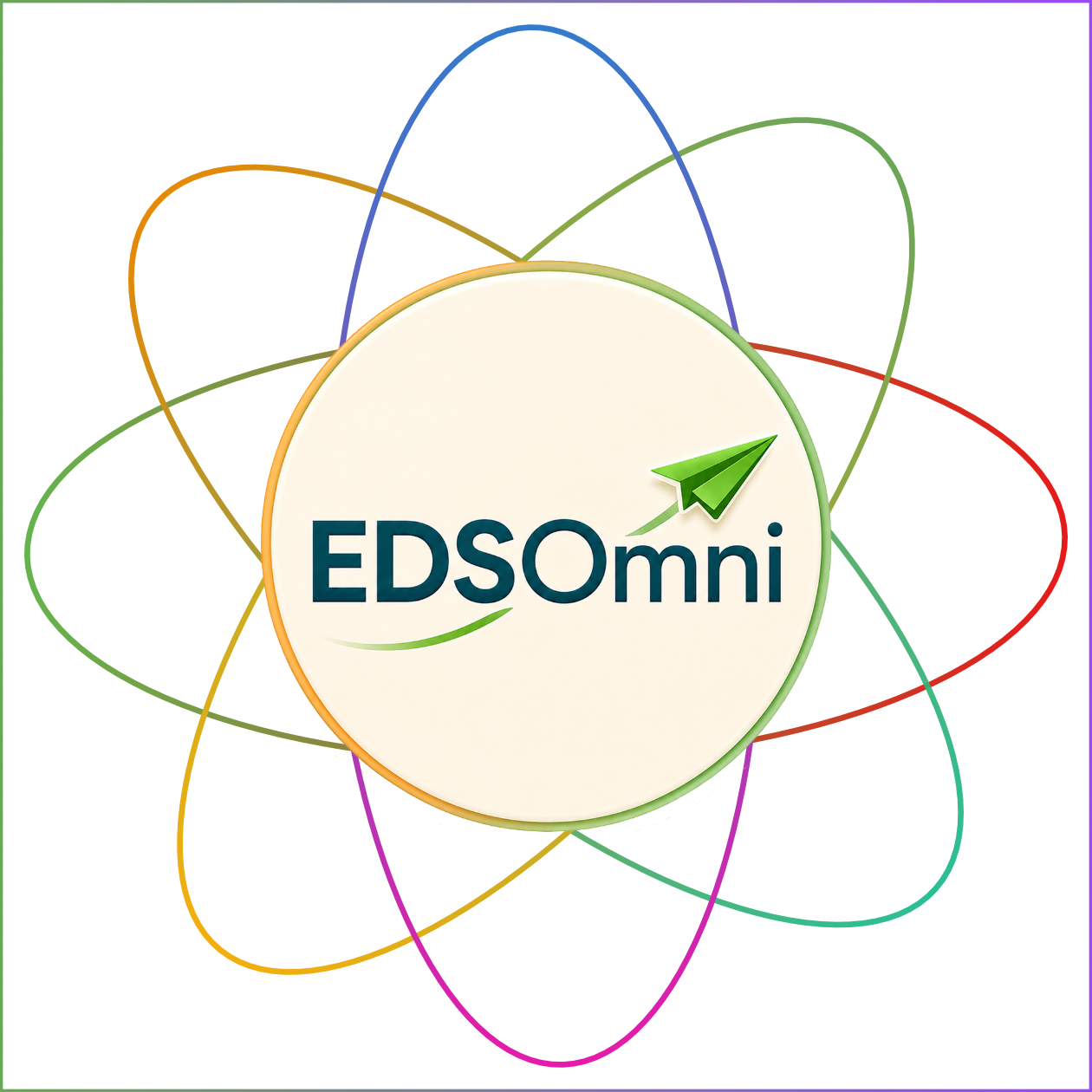 Logo EDSOmni con orbite colorate e freccia verde